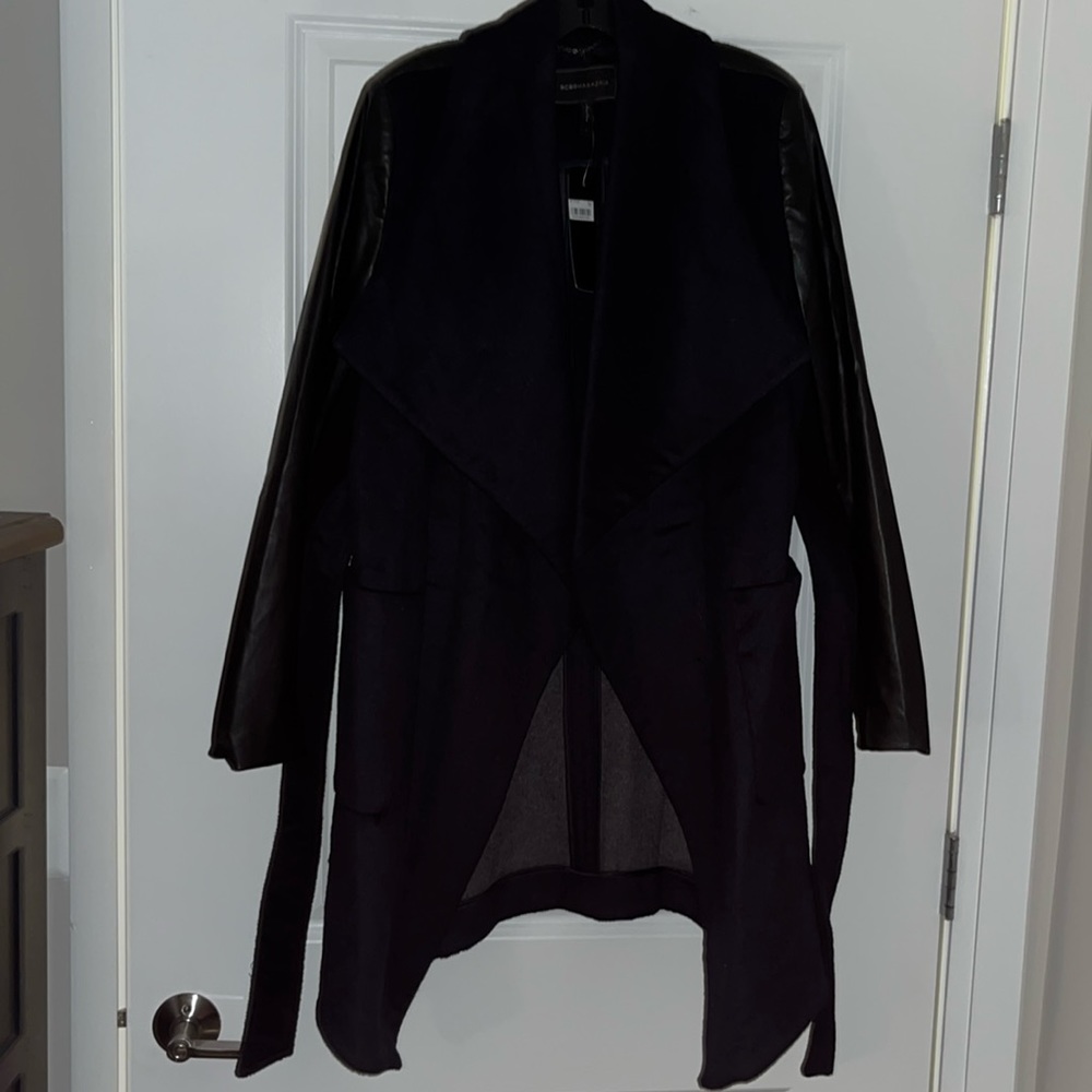 BCBG Wool Asymmetrical Faux Leather Arms Coat